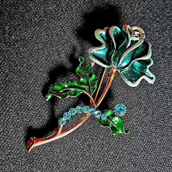 Funky Vintage Rose  & Rhinestone Pin Brooch - Picture 2 of 7